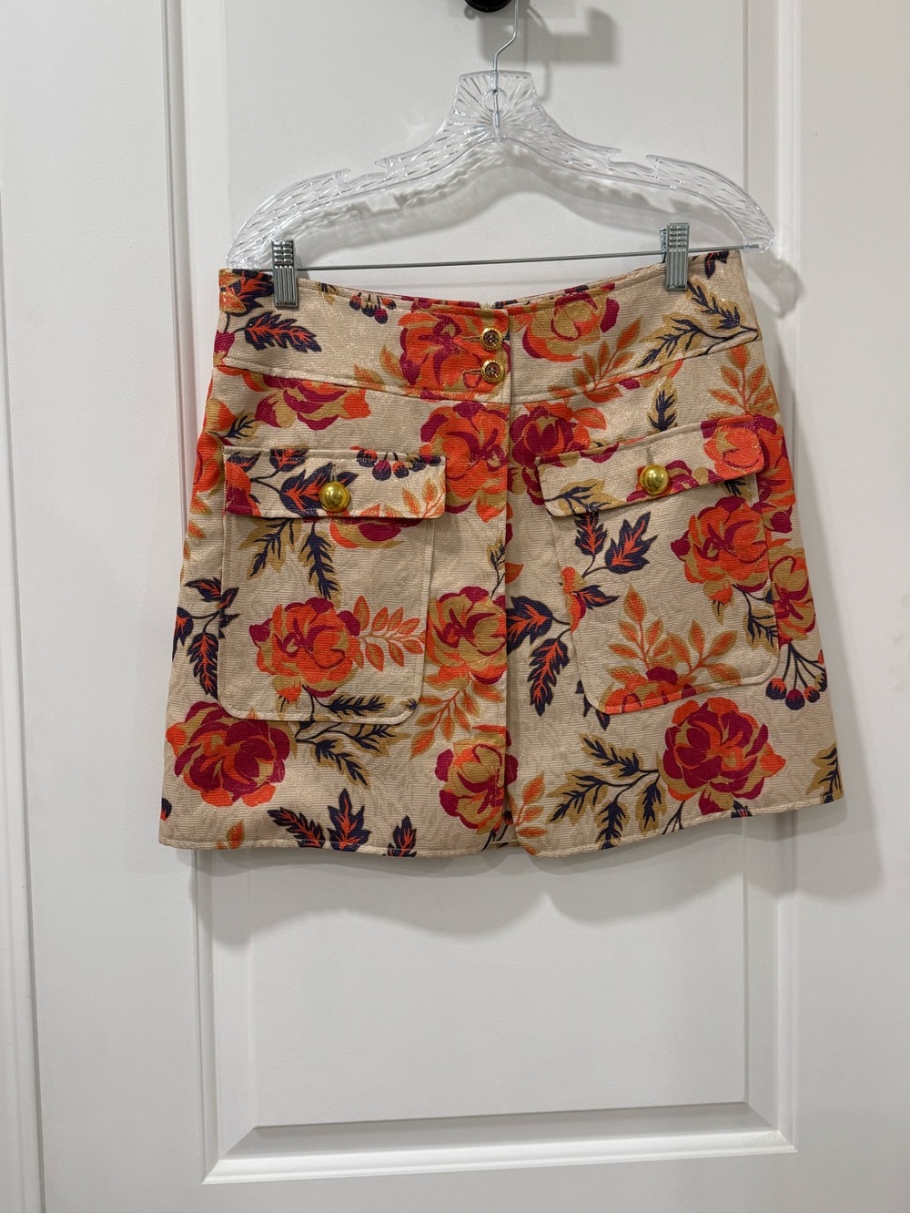 Beige Floral Pocket Skort with Red & Orange Blooms